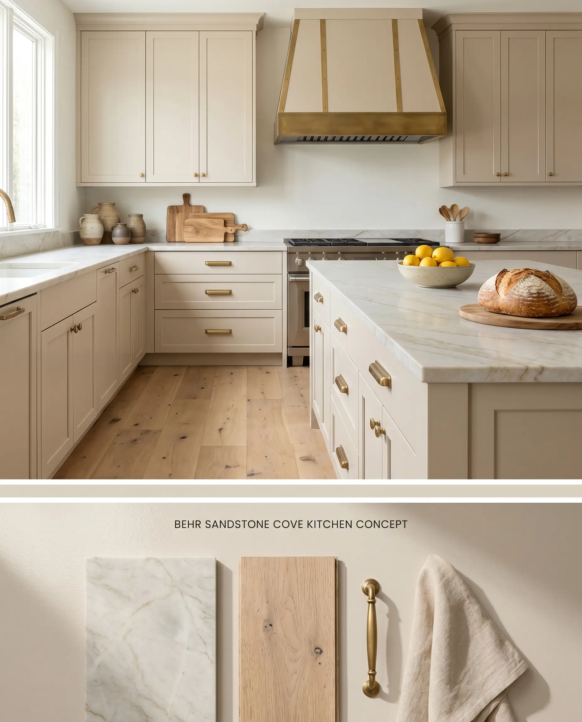A split digital conceptual board featuring Behr Sandstone Cove kitchen cabinetry on top, and a flat-lay with Taj Mahal quartzite and raw wood below.