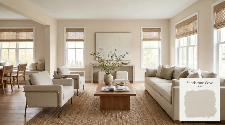 A wide architectural shot of an open-concept living room painted in Behr Sandstone Cove (Hex #ddd4c5), featuring warm oak flooring and linen upholstery.