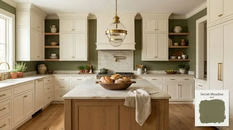 A wide architectural shot of a high-end kitchen painted in Behr Secret Meadow (Hex #72754f), featuring quartzite countertops, brass hardware, and warm oak floors.