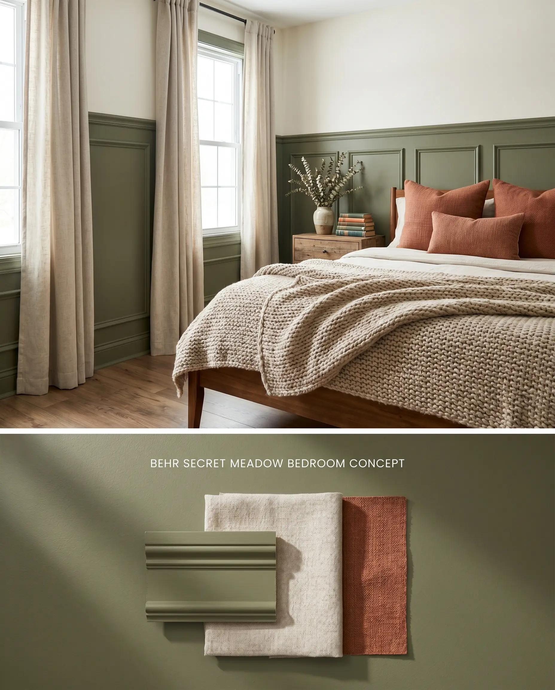 A split digital conceptual board displaying a muted green on bedroom wainscoting over a flat-lay of wood trim, oatmeal linen, and terracotta fabric.
