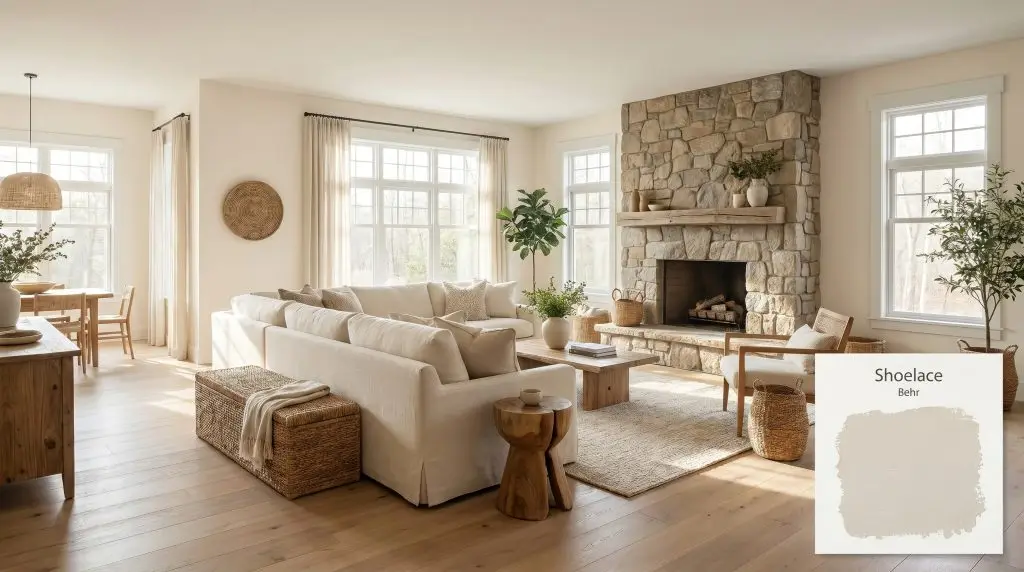 A spacious living room featuring wide plank white oak floors, a cream linen sofa, and walls painted in Behr Shoelace (Hex #eae4d9).