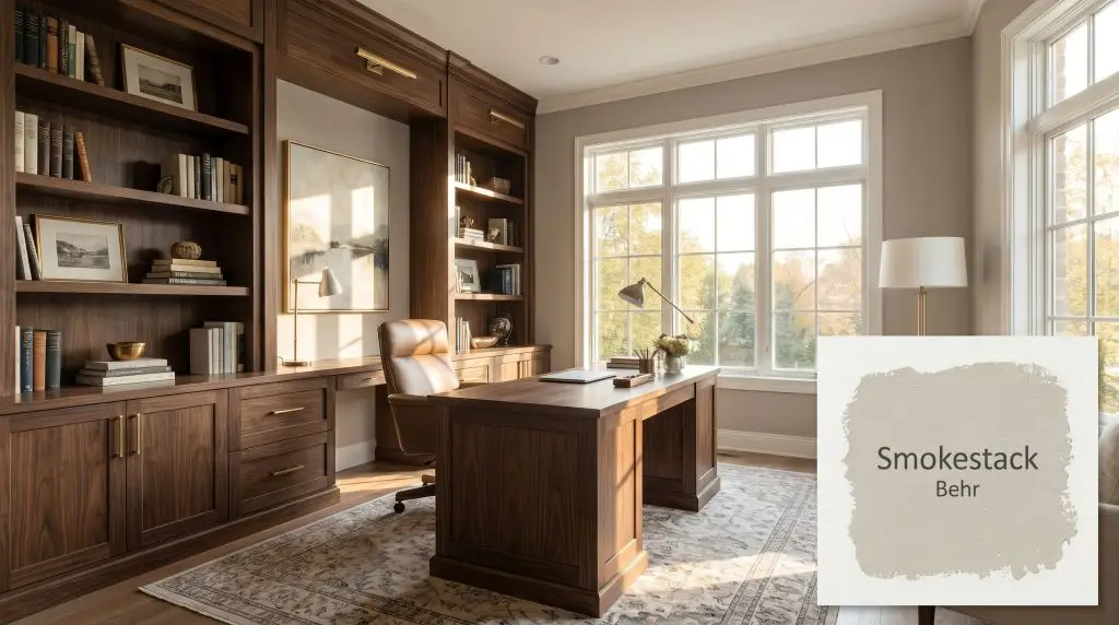 Custom built-in bookshelves and a dark walnut desk anchor this transitional home office finished in Behr Smokestack (Hex #beb2a5).