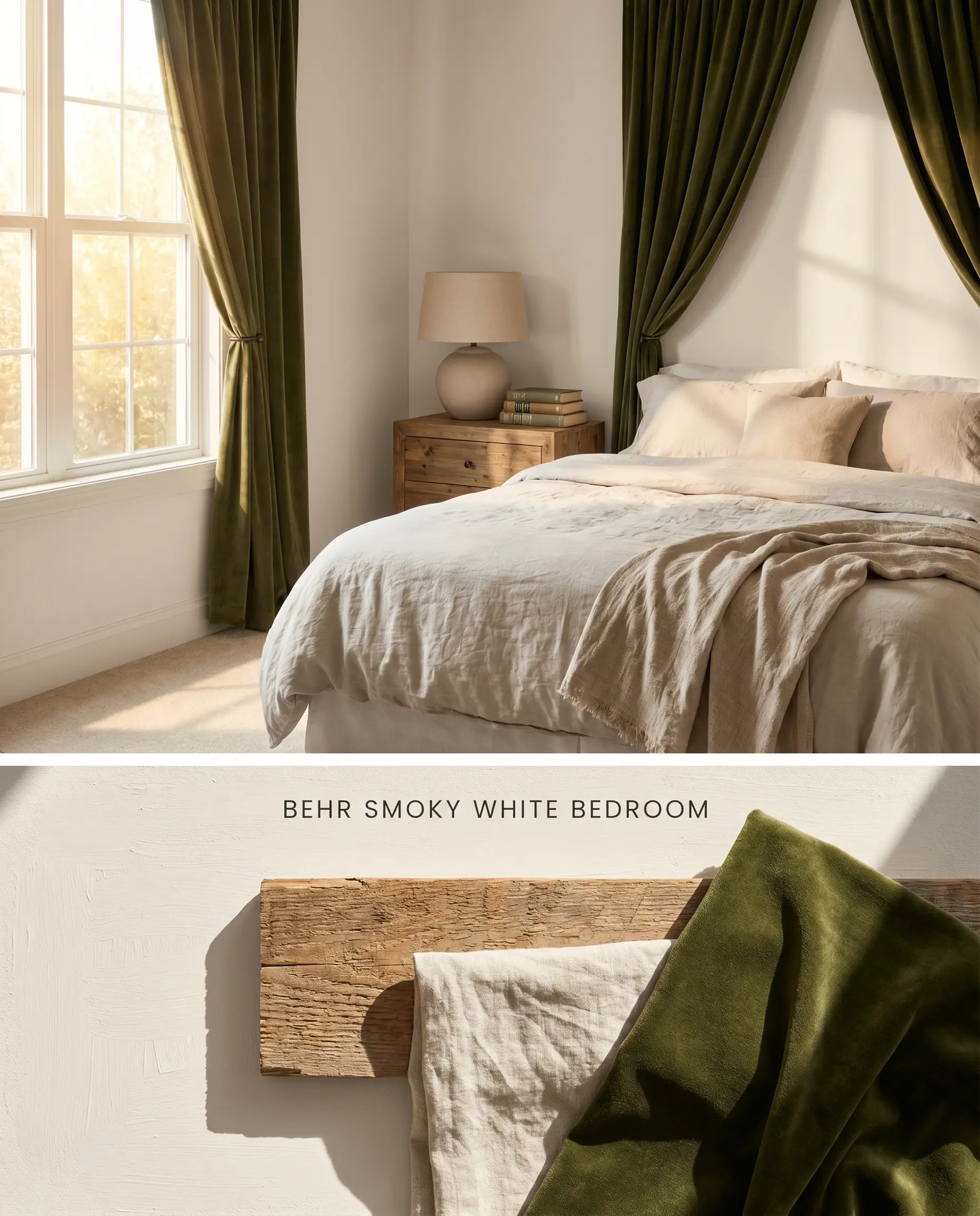 A split digital conceptual board for a sunny bedroom painted in Behr Smoky White, positioned above a tactile flat-lay of washed linen and olive green velvet.