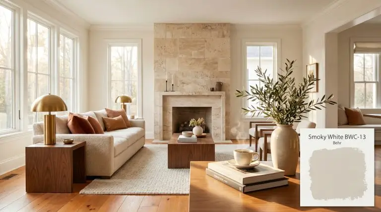 A wide architectural view of an elegant living space painted in Behr Smoky White (Hex #e9e4da), highlighting warm orangey oak floors and a tumbled travertine fireplace.