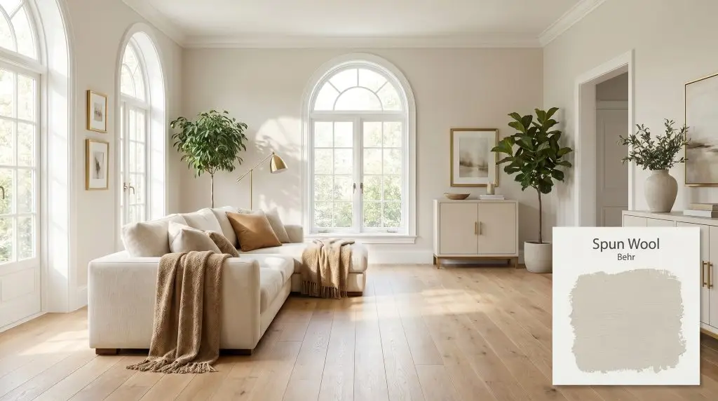 Sunlight floods a bright living room featuring a plush cream sofa, light oak hardwood floors, and walls coated in Behr Spun Wool (Hex #e3ded4).