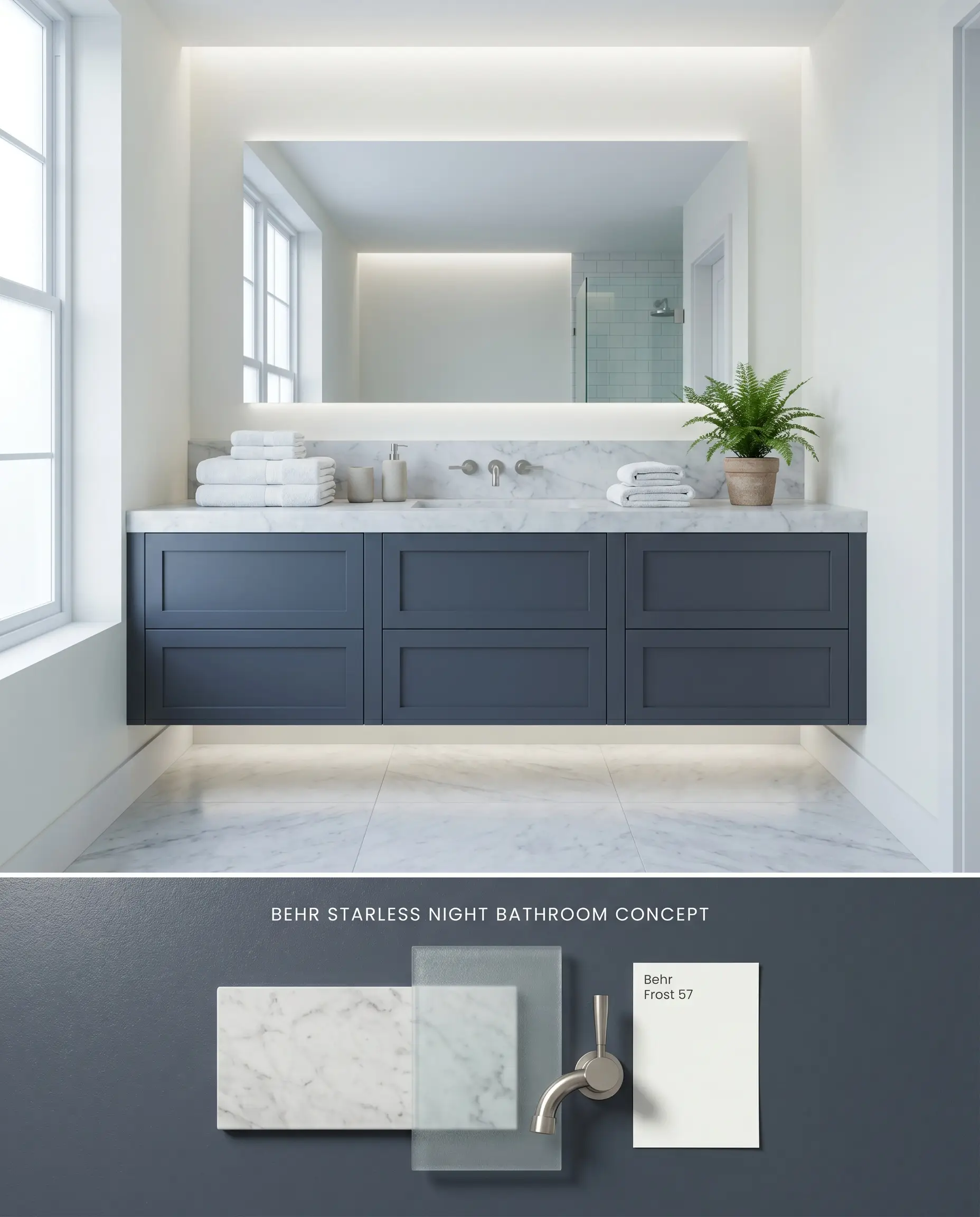 A split digital visualization displaying a deep blue-gray vanity cabinet beneath Behr Frost upper walls, paired with a flat-lay of honed Carrara marble and frosted glass.