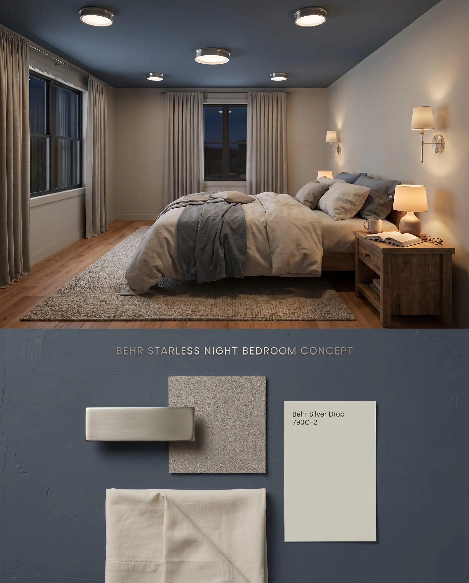 A composite design board showcasing a dark charcoal base painted on an intimate bedroom ceiling, positioned above a flat-lay of brushed nickel and soft cotton sheets.
