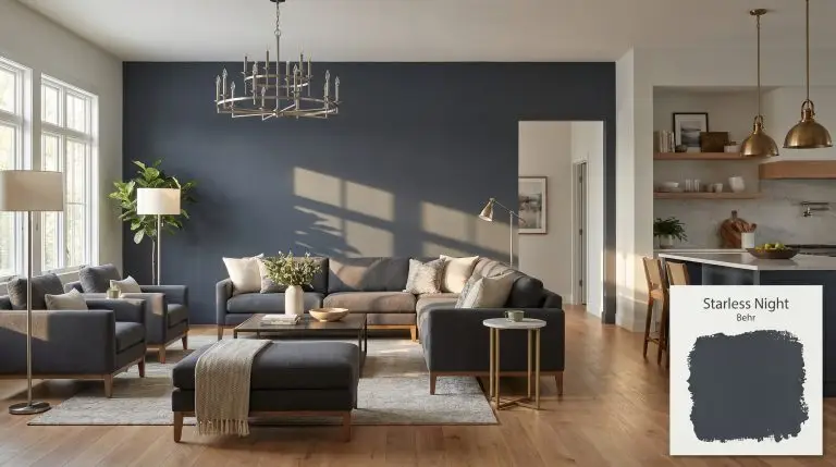 A photorealistic suburban living room anchored by an accent wall painted in Behr Starless Night (Hex #3e4855), featuring red oak floors and brushed nickel fixtures.