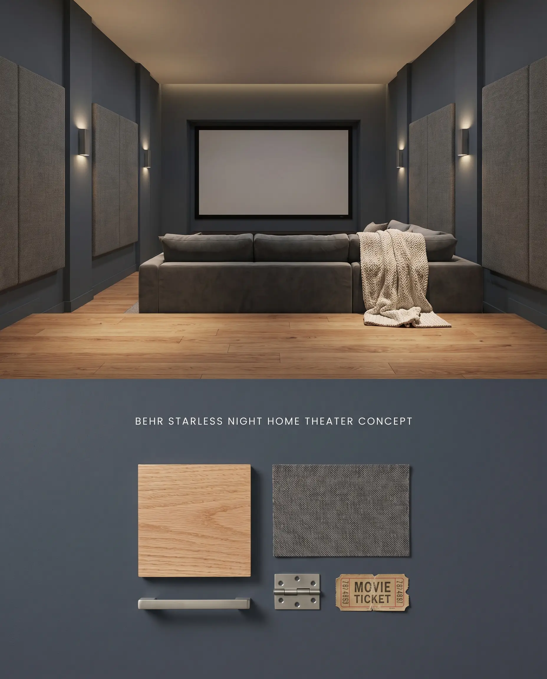 A digital composite layout featuring a moody interior hue on home theater walls above a textured flat-lay of red oak, acoustic fabric, and brushed metal.