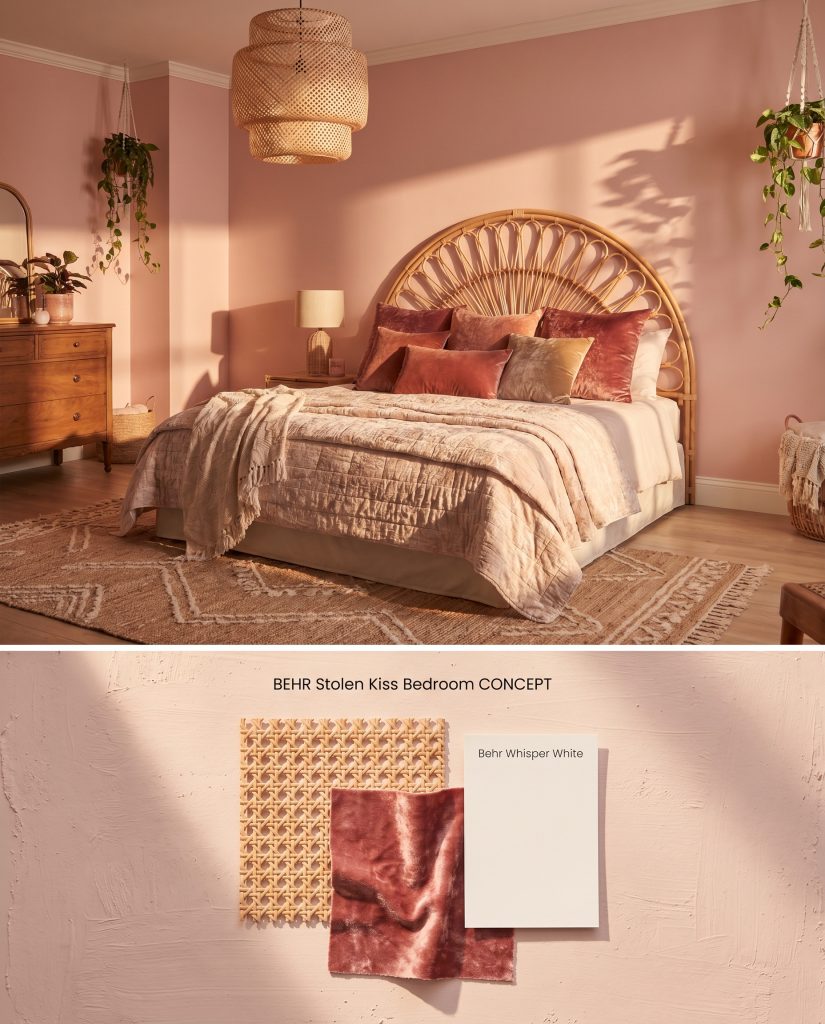 A split digital conceptual board featuring a Behr Stolen Kiss bedroom on top, and a textured flat-lay of rattan and crushed velvet below.