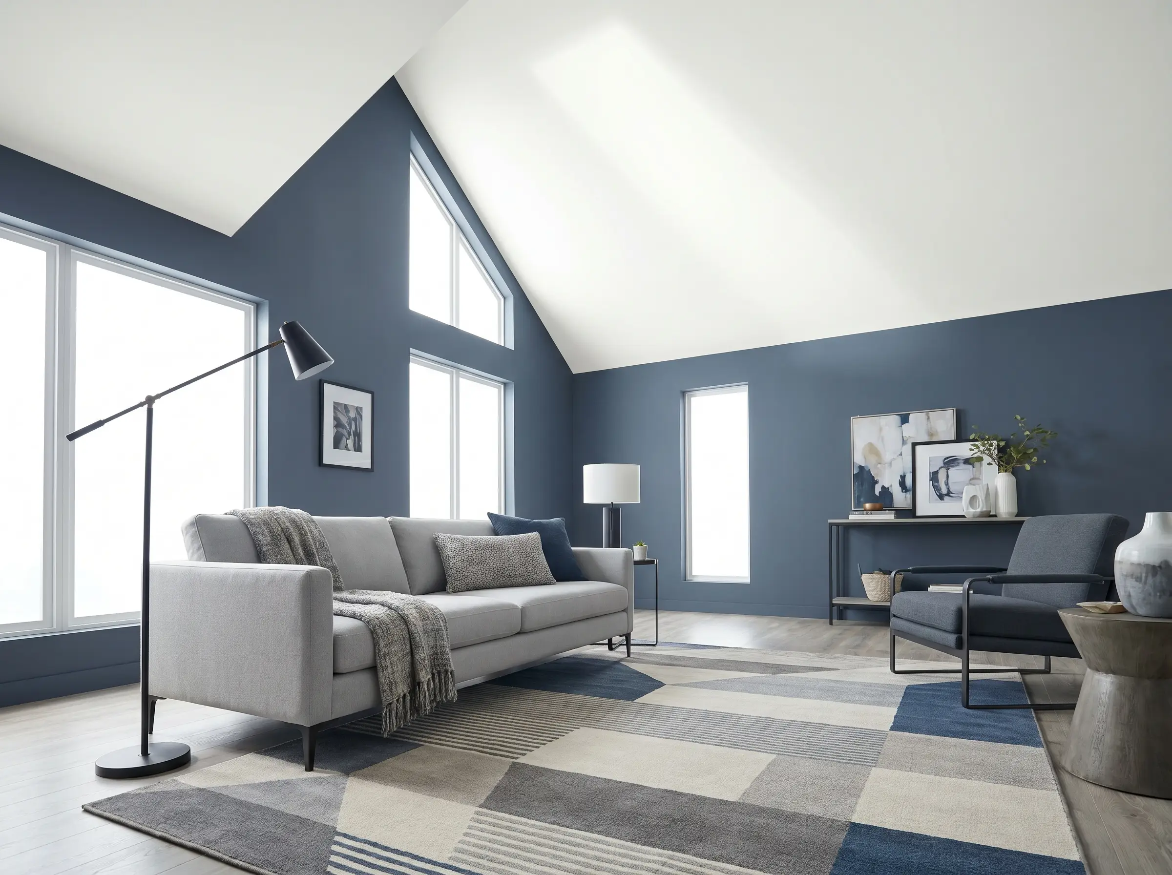 A light gray contemporary sofa and geometric rug contrast with moody blue walls and the best Behr ceiling paint colors overhead.