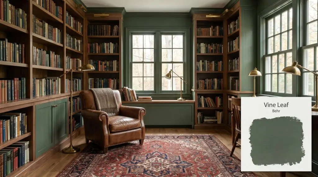 A worn leather armchair and vintage Persian rug sit beside built-in bookshelves finished in Behr Vine Leaf (Hex #4d5f4f) beneath soft natural light.