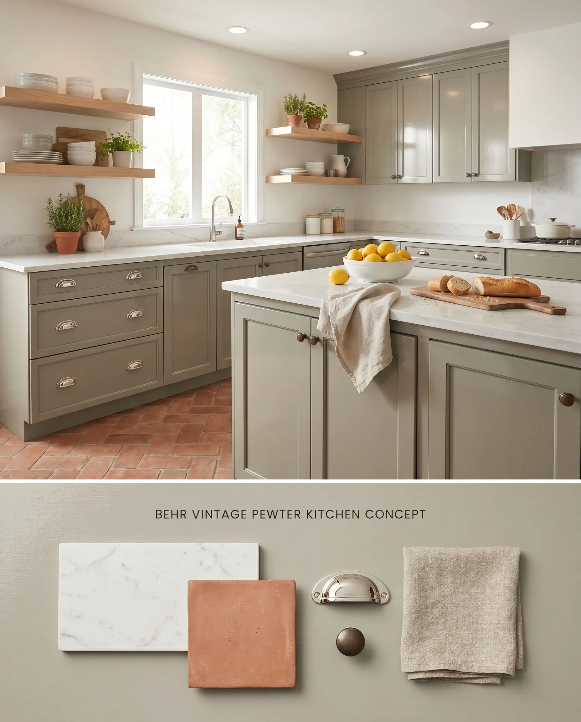 A split digital conceptual board displaying kitchen cabinetry painted in Behr Vintage Pewter on top, paired with a physical flat-lay of unpolished terracotta and white quartzite on the bottom.