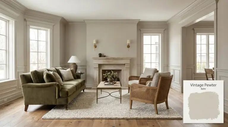 A transitional living room featuring walls painted in Behr Vintage Pewter (Hex #cbc4b7), a tumbled limestone fireplace, an olive green sofa, and warm oak flooring.