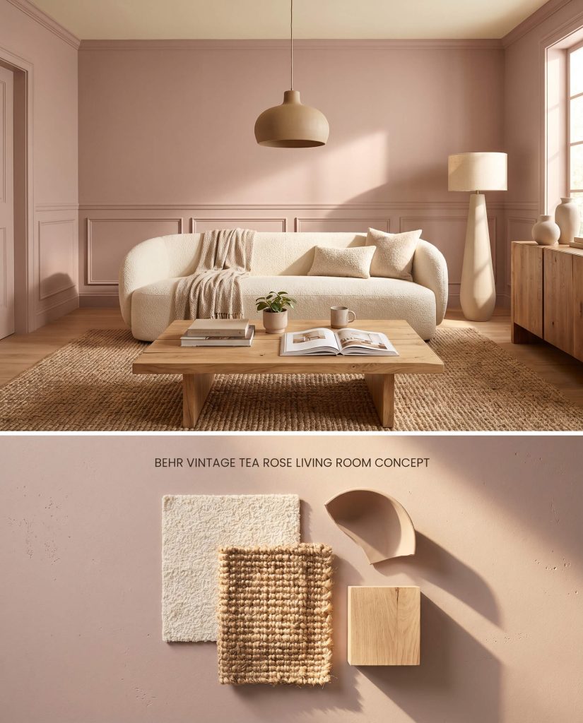 A split digital conceptual board for a color-drenched living room, featuring Behr Vintage Tea Rose walls and wainscoting above a textured flat-lay of cream boucle and chunky jute.