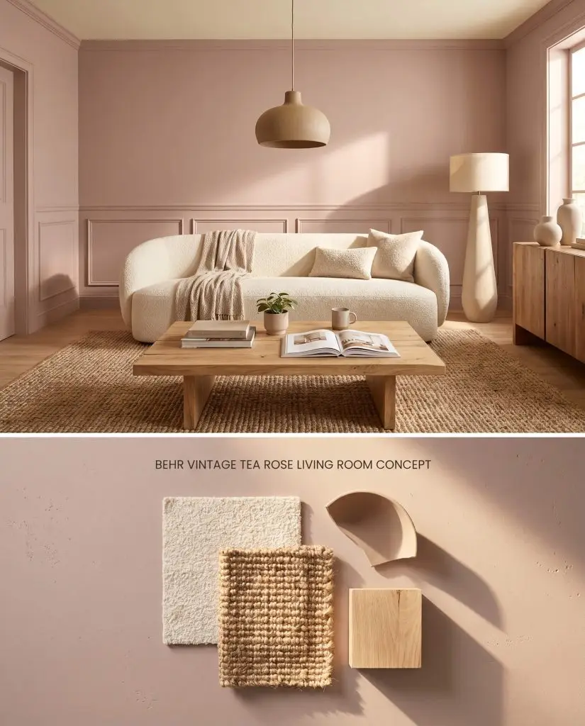 A split digital conceptual board for a color-drenched living room, featuring Behr Vintage Tea Rose walls and wainscoting above a textured flat-lay of cream boucle and chunky jute.