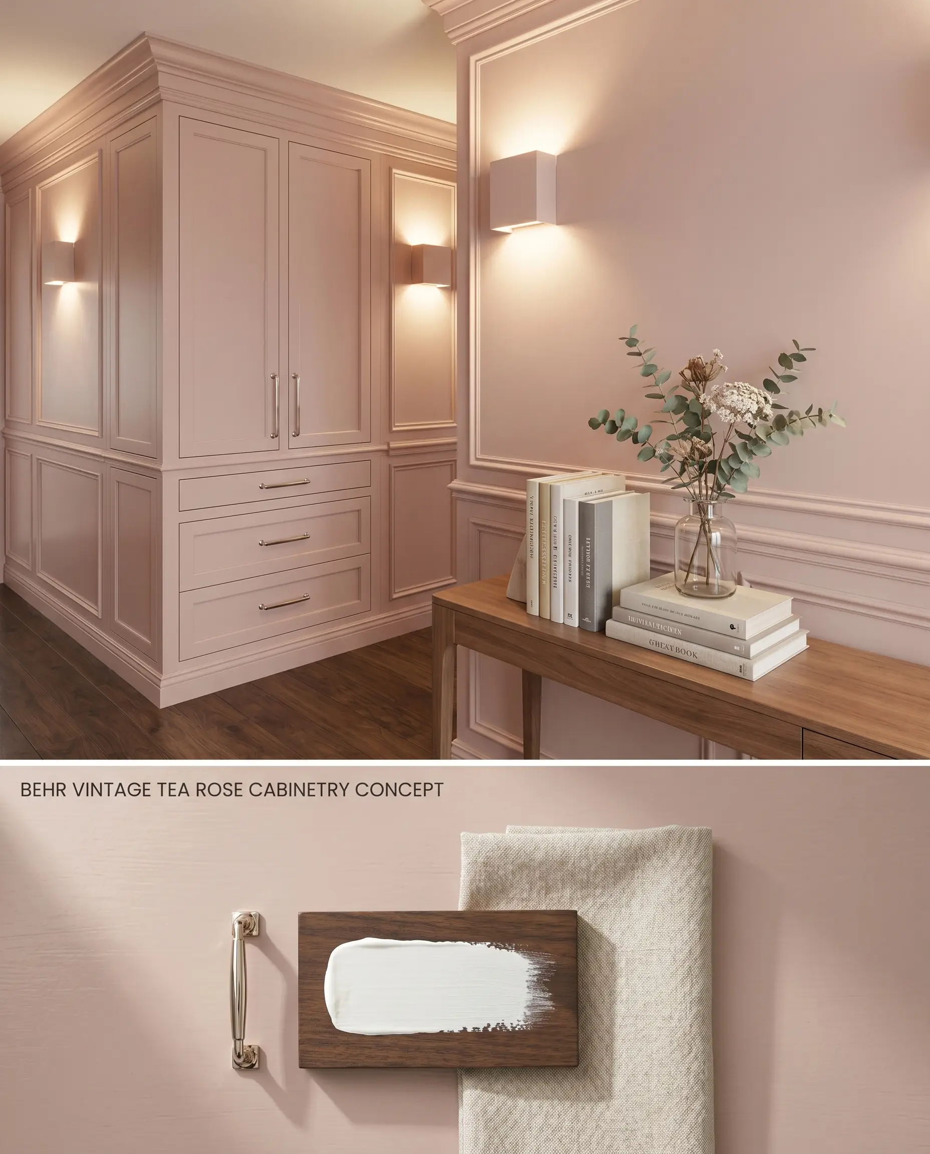 A split digital conceptual board for custom cabinetry, featuring earthy beige millwork illuminated by warm sconces over a material flat-lay of polished nickel and dark stained wood.