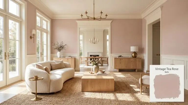 A wide architectural view of a sun-drenched living space painted in Behr Vintage Tea Rose (Hex #cbb0a8), featuring a premium boucle sofa and white oak furniture.
