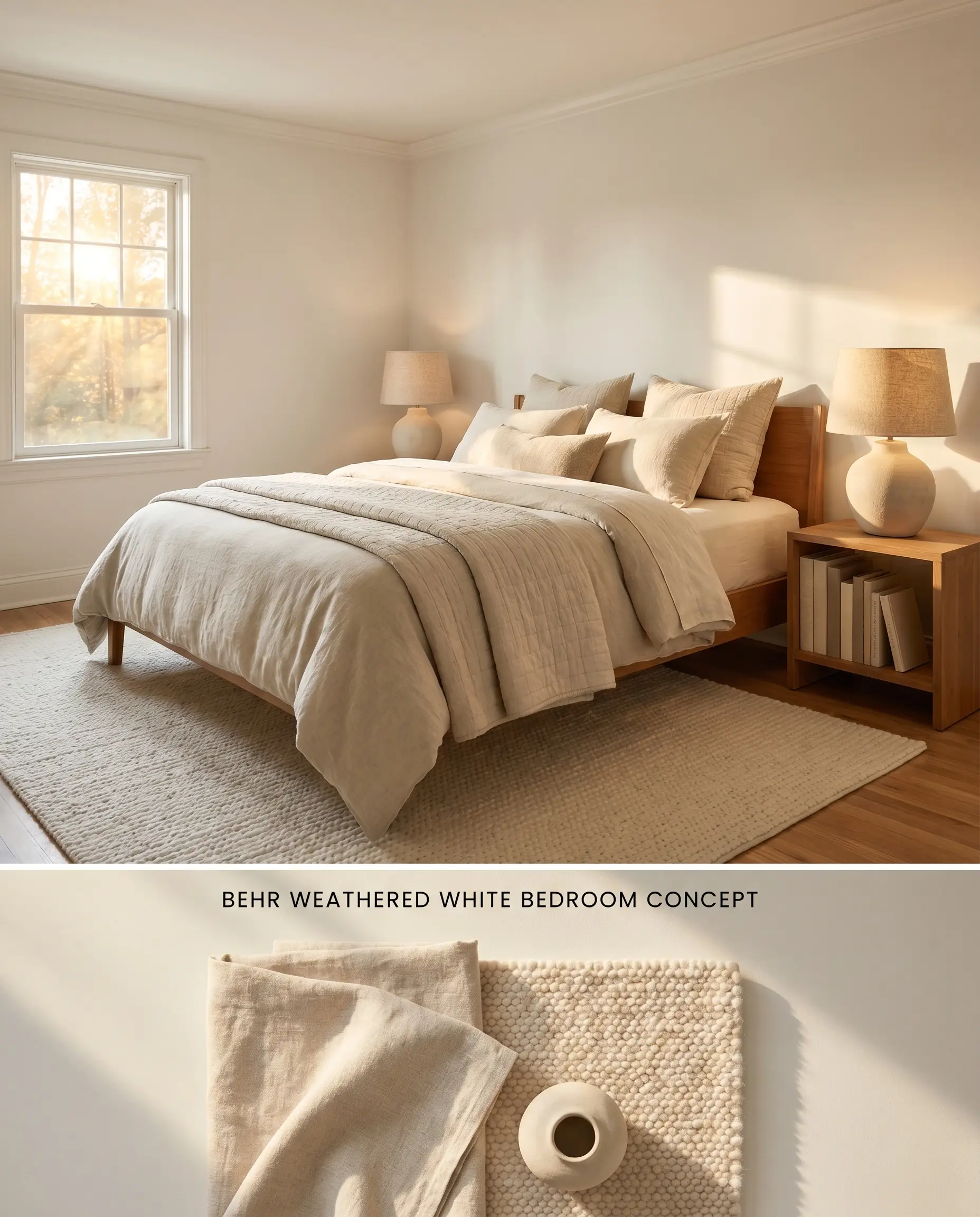 A split digital conceptual board for a cozy bedroom, featuring a warm off-white color-drenched space above and matte wool rug swatches below.