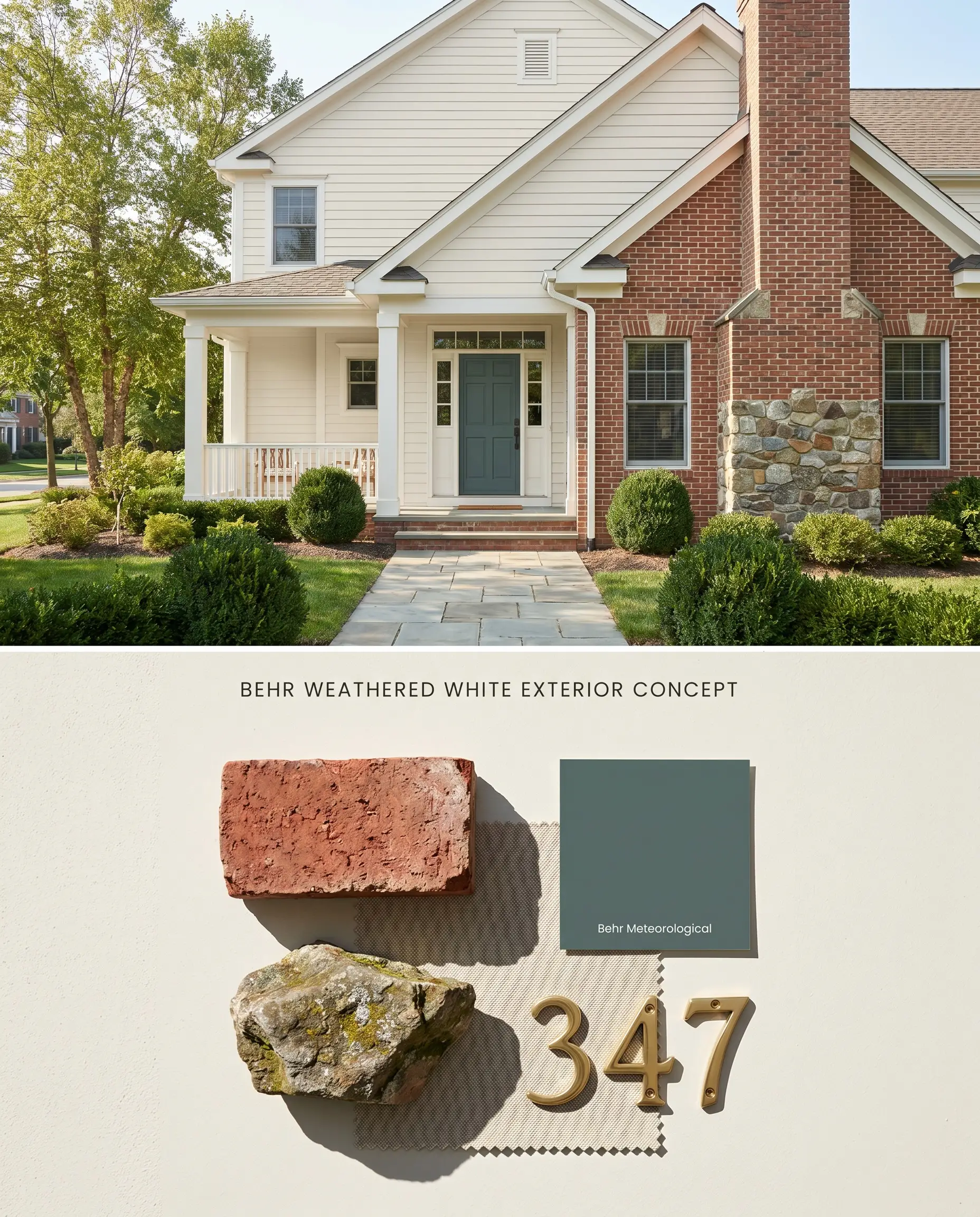 A split digital conceptual board for a traditional suburban exterior, displaying a warm gray siding above and physical brick and fieldstone masonry below.