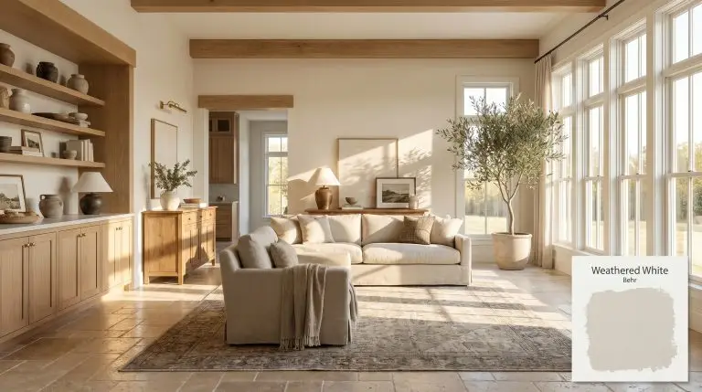 Expansive open-concept living room featuring walls painted in Behr Weathered White (Hex #e6e3d9), tumbled travertine flooring, and warm natural oak wood accents.