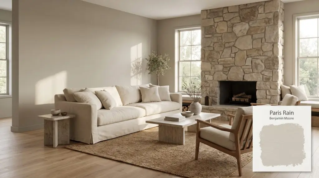 A creamy linen sofa sits on light oak flooring against walls painted in Benjamin Moore Paris Rain (Hex #C4C2B0) with natural stone accents.