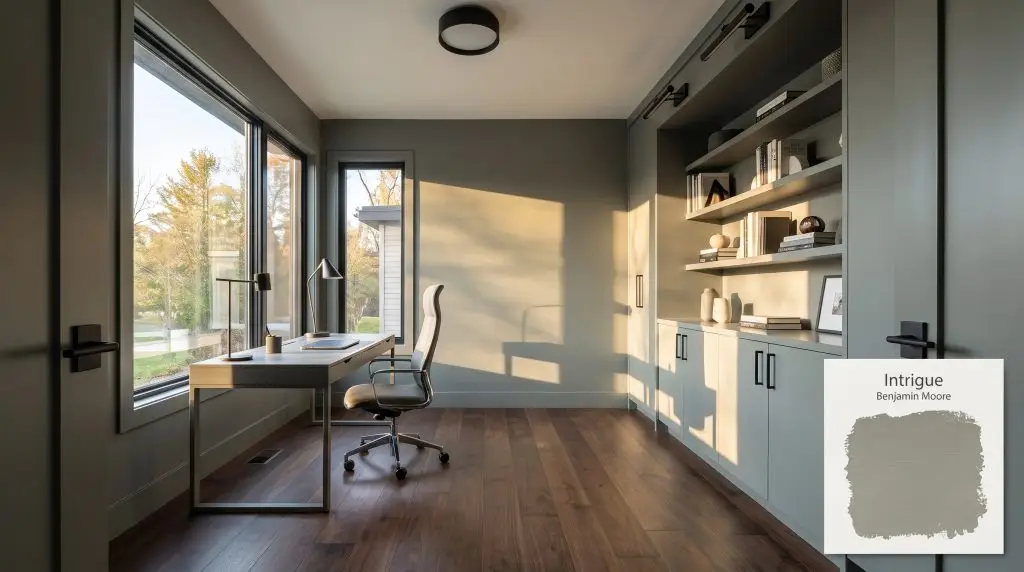A sleek desk and built-in shelving sit on dark walnut floors against a gray-green wall painted in Benjamin Moore 1580 (Hex #818981).
