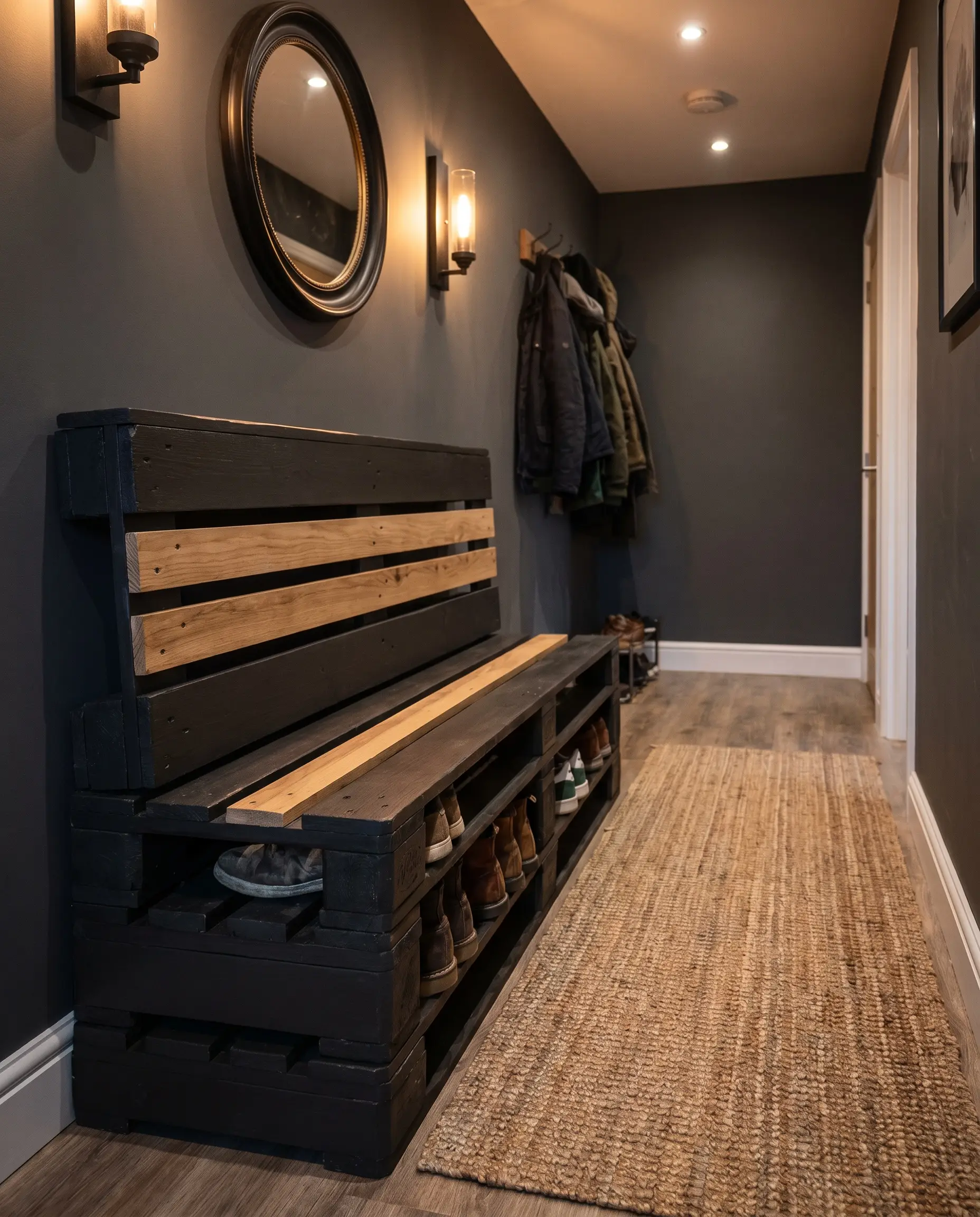 A heavily refined wooden bench painted in Benjamin Moore Onyx provides built-in ventilated storage for footwear in an approachably scaled hallway.