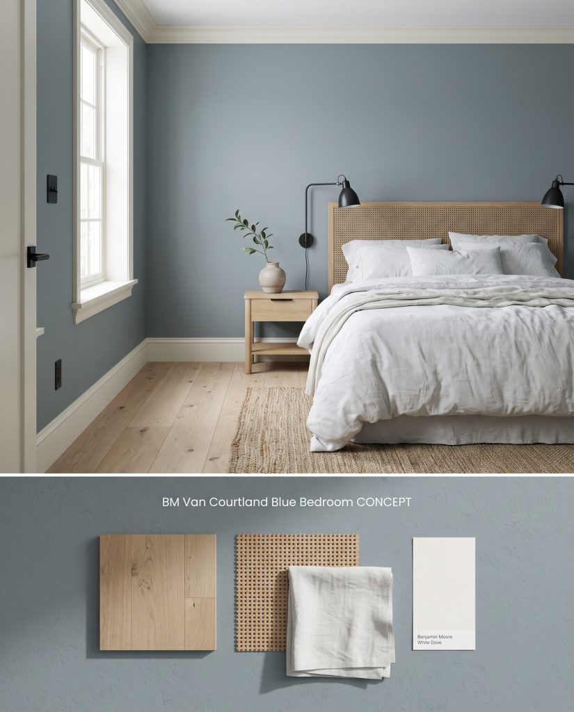 A split digital conceptual board displaying a Benjamin Moore Van Courtland Blue bedroom above a flat-lay of white oak and rattan.