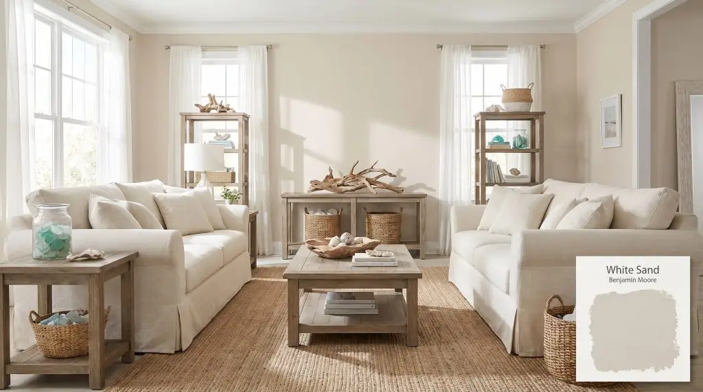 Slipcovered linen sofas and weathered oak accents are framed by sheer curtains and muted beige walls in White Sand (Hex #E0D8C6).
