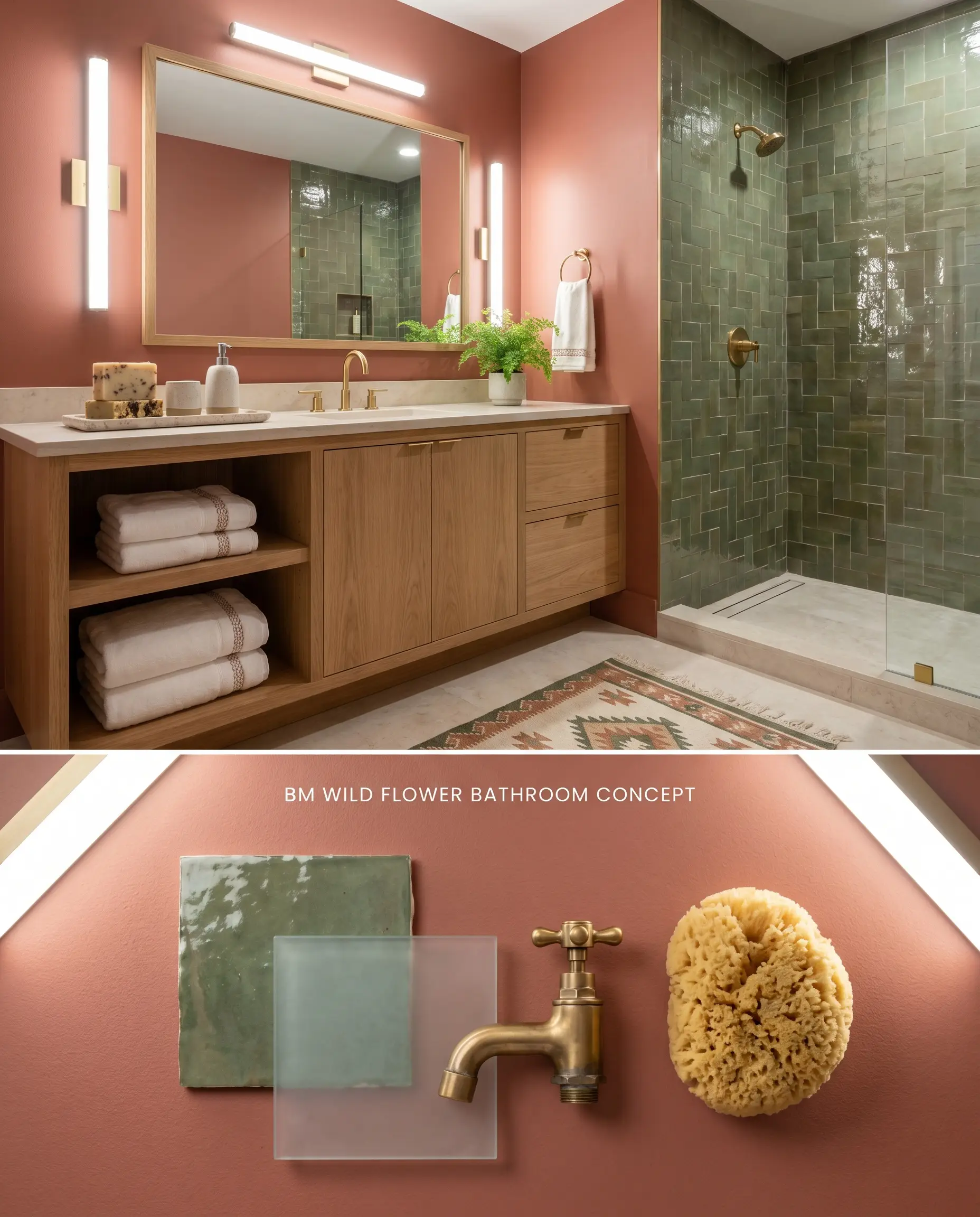 A split digital conceptual board for a well-lit bathroom pairing earthy red walls with green glazed Zellige tiles, above a flat-lay of frosted glass and brass.