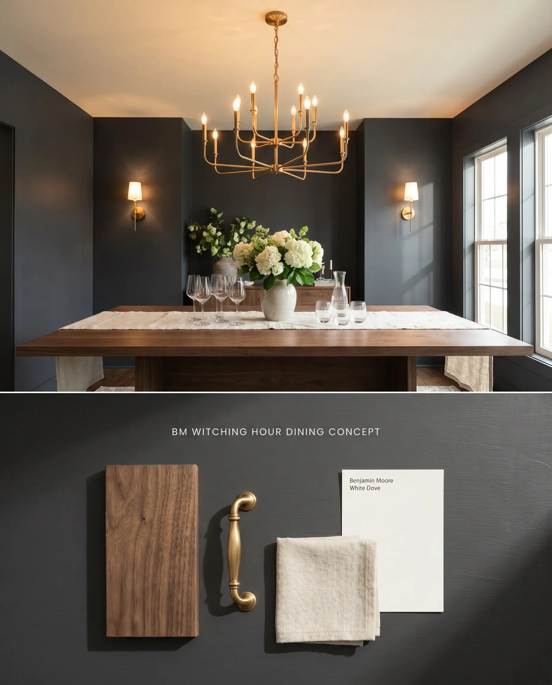 A split digital conceptual board featuring a dining room enveloped in Benjamin Moore Witching Hour on top, and a matte flat-lay with walnut and unlacquered brass below.