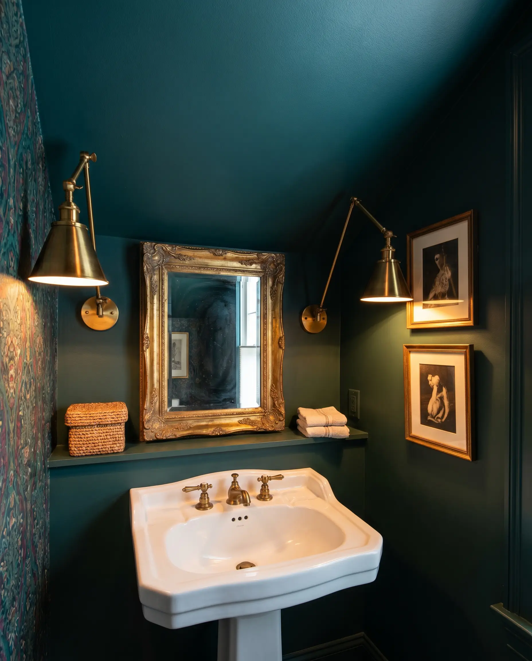 A white pedestal sink and a framed vintage mirror sit beneath one of the best Behr ceiling paint colors in a deep teal.