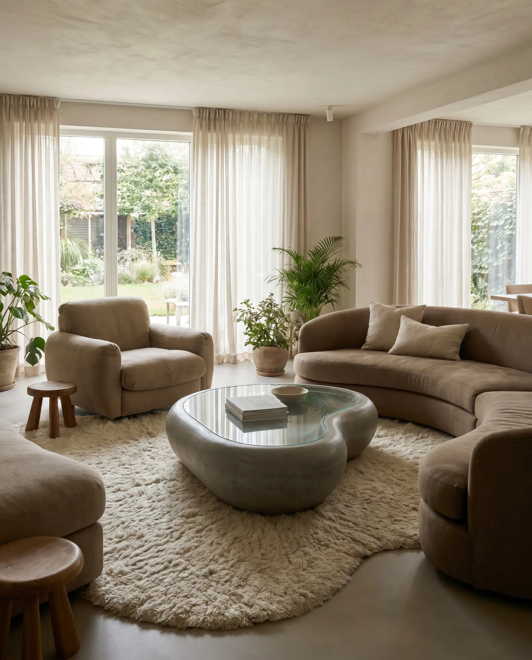 A biomorphic kidney-shaped cast concrete coffee table with tempered glass rests on a textured asymmetrical rug, eliminating harsh linear angles in a relaxed seating area.