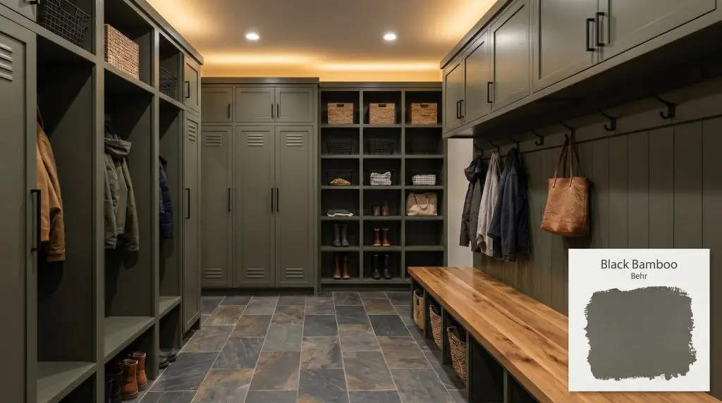 Matte black hardware accents custom cabinetry painted in Behr Black Bamboo (Hex #5b5d53) alongside slate tile flooring and wood bench seating.