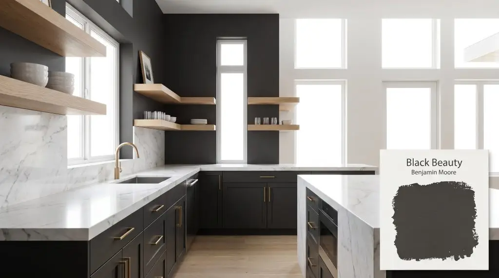 Striking modern kitchen containing crisp white marble countertops, floating light oak shelves, and walls colored in Benjamin Moore Black Beauty (Hex #393736).