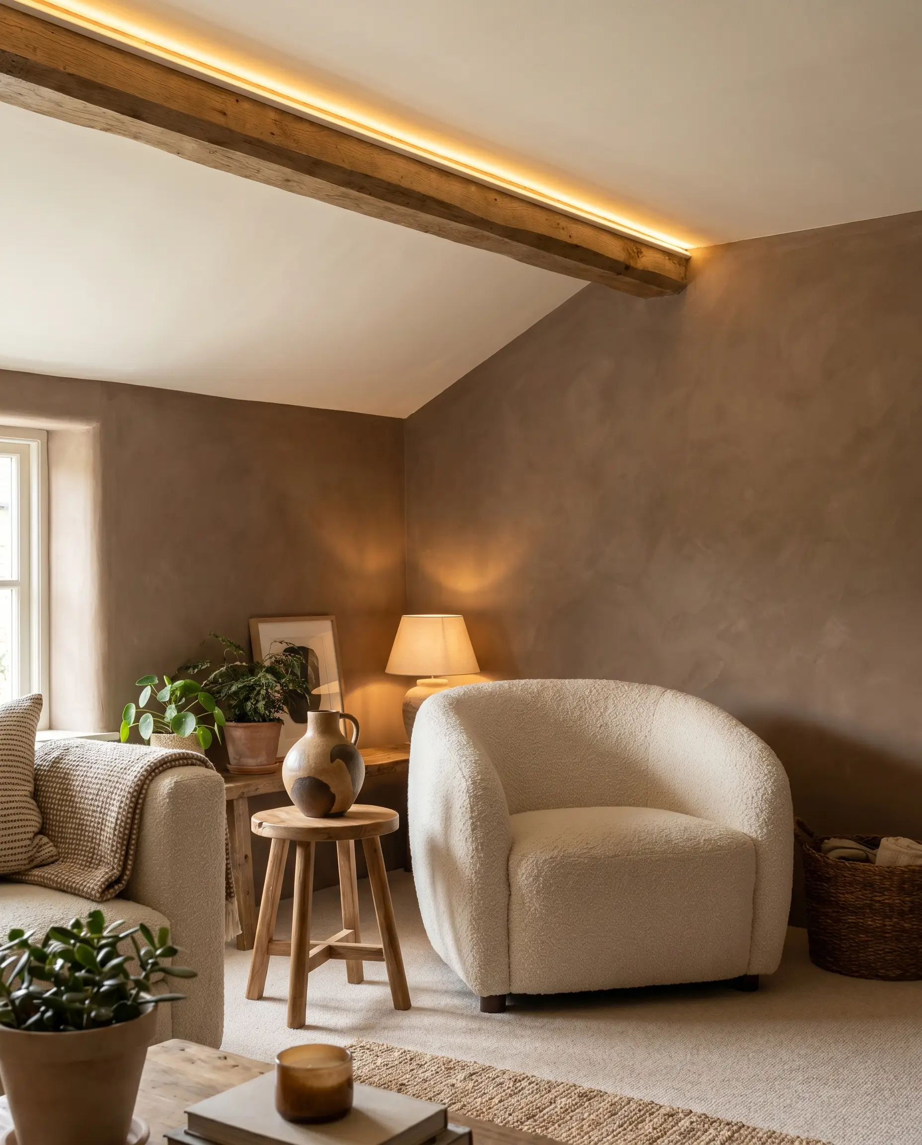 A textured boucle armchair and a ceramic vase sit beneath a natural wood beam and a creamy off-white painted ceiling.