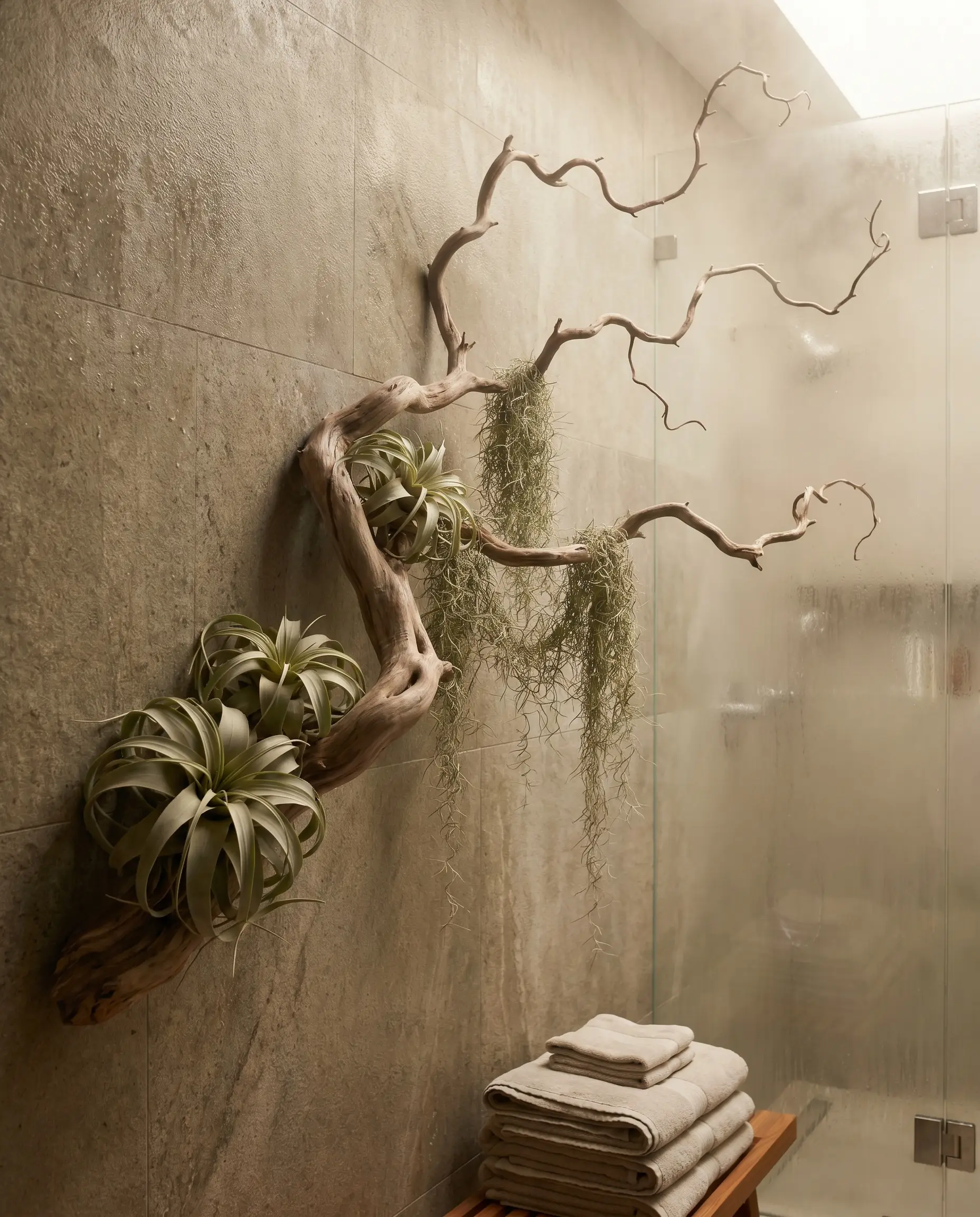A sprawling multi-limbed driftwood wall art branch holds structural air plants and draping Usneoides against a humid spa-like bathroom wall.