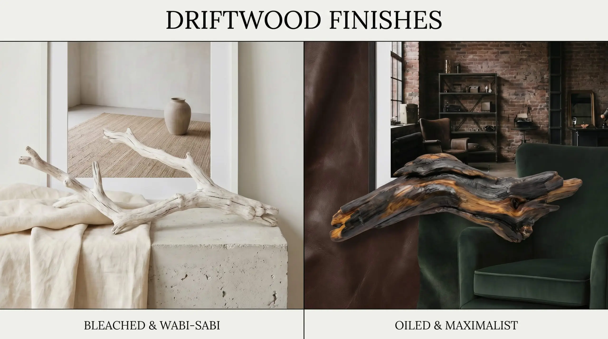 A split-screen material moodboard compares a bone-white bleached driftwood branch against light linen with a dark oiled driftwood piece alongside heavy leather.
