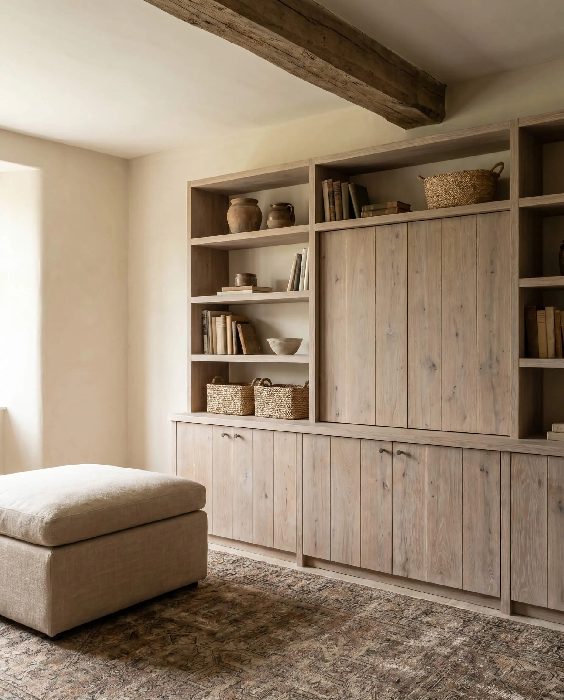A bleached walnut and limed oak storage cabinet sits against a parchment wall beside a modern upholstered ottoman and a vintage rug.