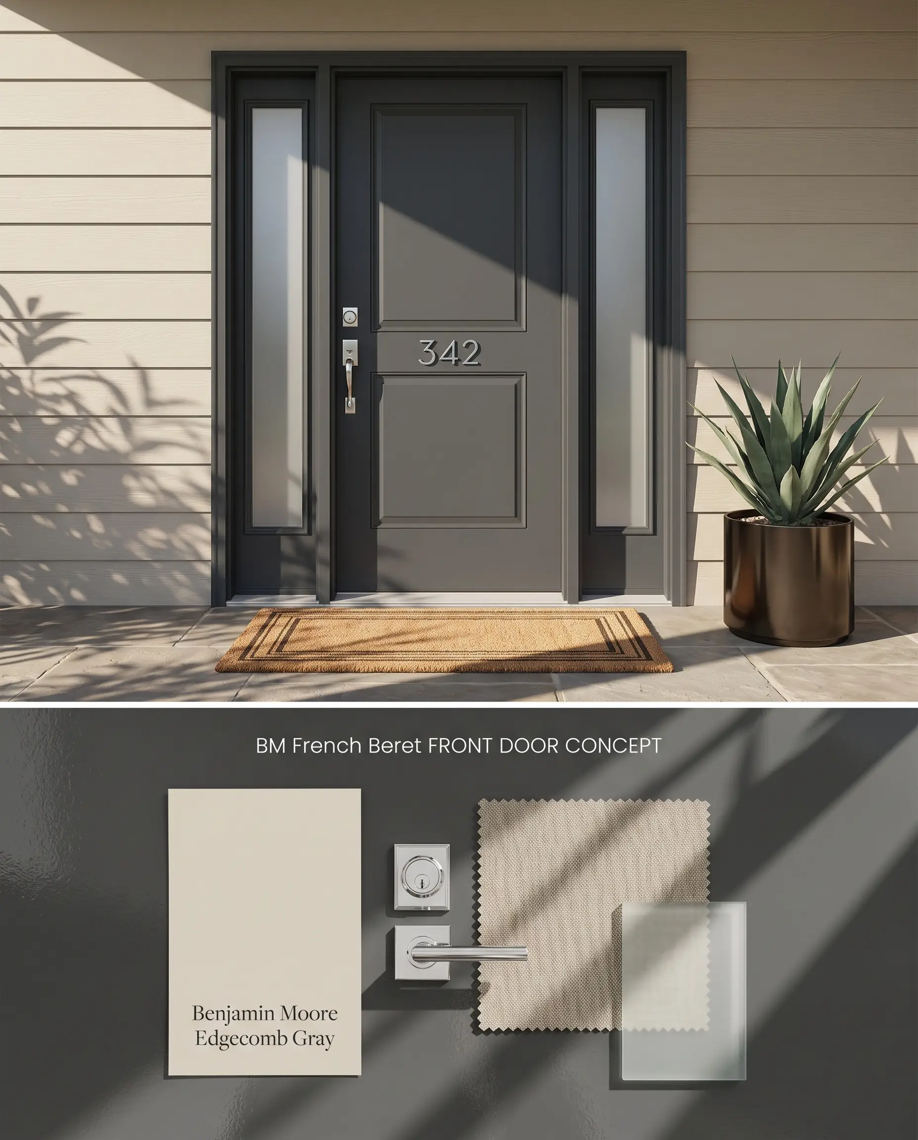 A split digital conceptual board for a front entryway, displaying a high-gloss moody neutral door above and polished chrome lockset materials below.