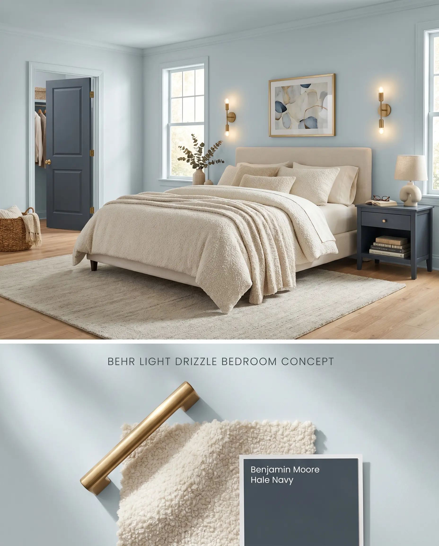 A split digital conceptual board for a serene bedroom, showcasing a color-drenched blue-gray envelope atop a flat-lay of brushed brass and boucle textiles.