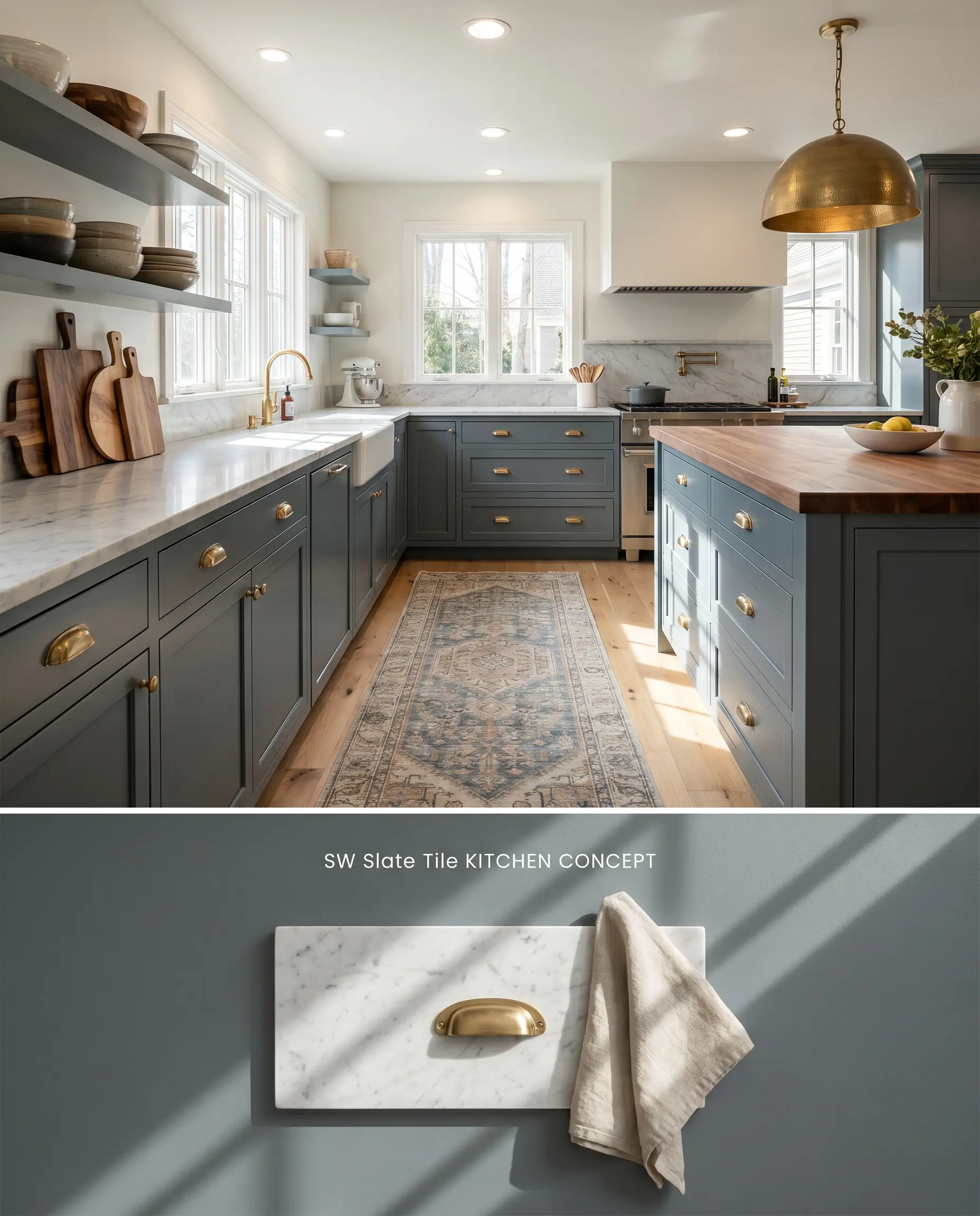 A rigid composite visualization displaying a kitchen with cool chromatic profile lower cabinets on top, and physical materials like a Carrara marble slab on the textured bottom.
