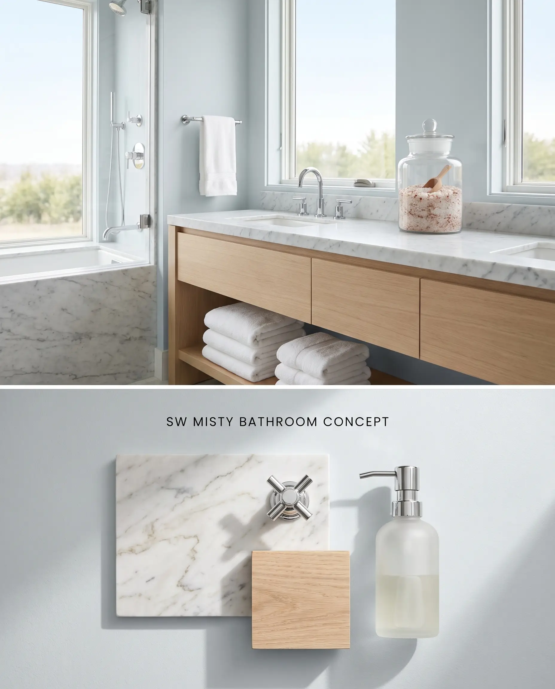 A split digital conceptual board showcasing an aquatic freshness hue in a spa-inspired bathroom above, with honed Carrara marble and white oak samples below.
