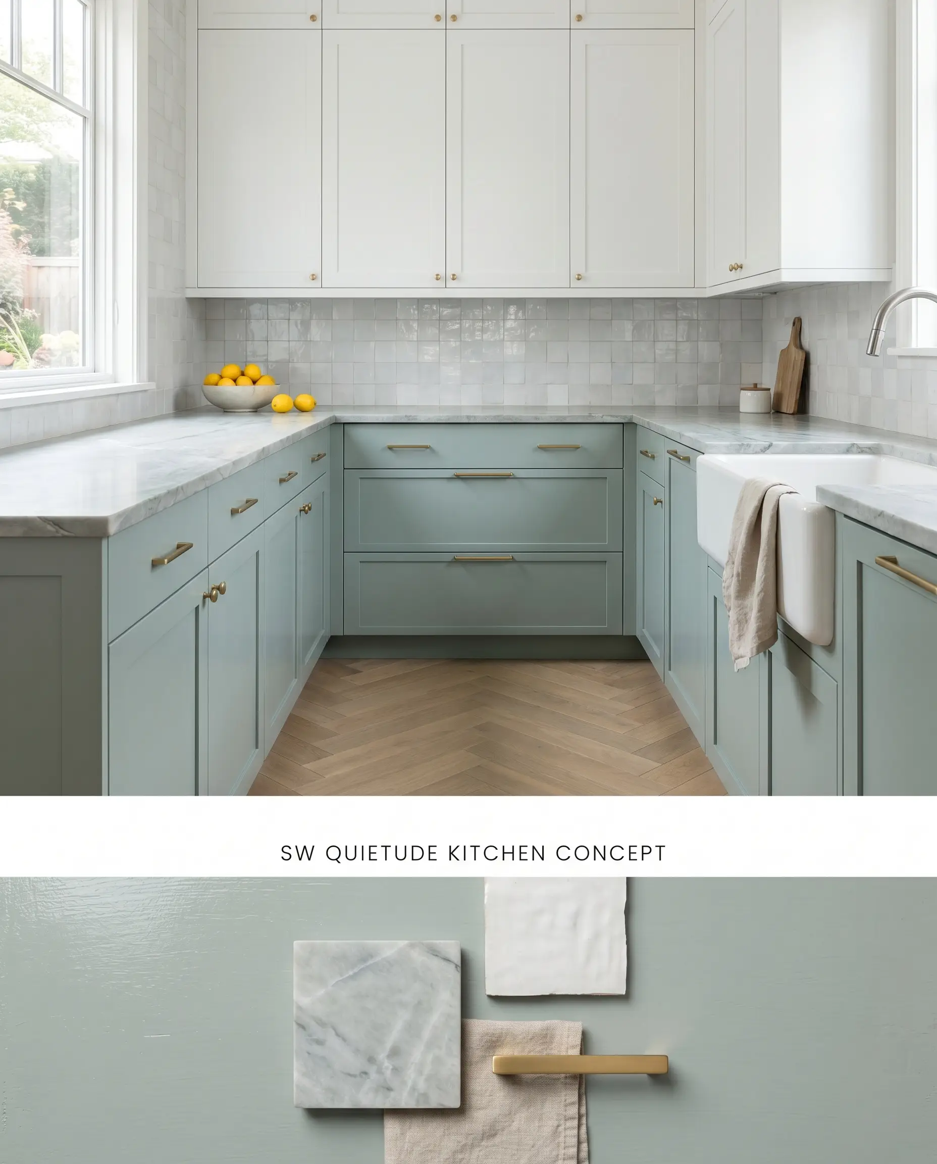 A split digital conceptual board for a coastal kitchen featuring muted pastel lower cabinetry above a physical flat-lay of soapstone, white Zellige clay tile, and brass pulls.