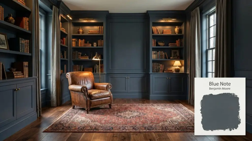 Built-in bookcases painted in Benjamin Moore Blue Note (Hex #404B54) surround a vintage leather armchair on rich walnut wood floors.