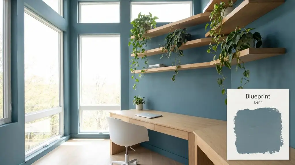 Trailing plants on floating shelves frame a sleek light wood desk in a modern office painted in Behr Blueprint (Hex #60818e).