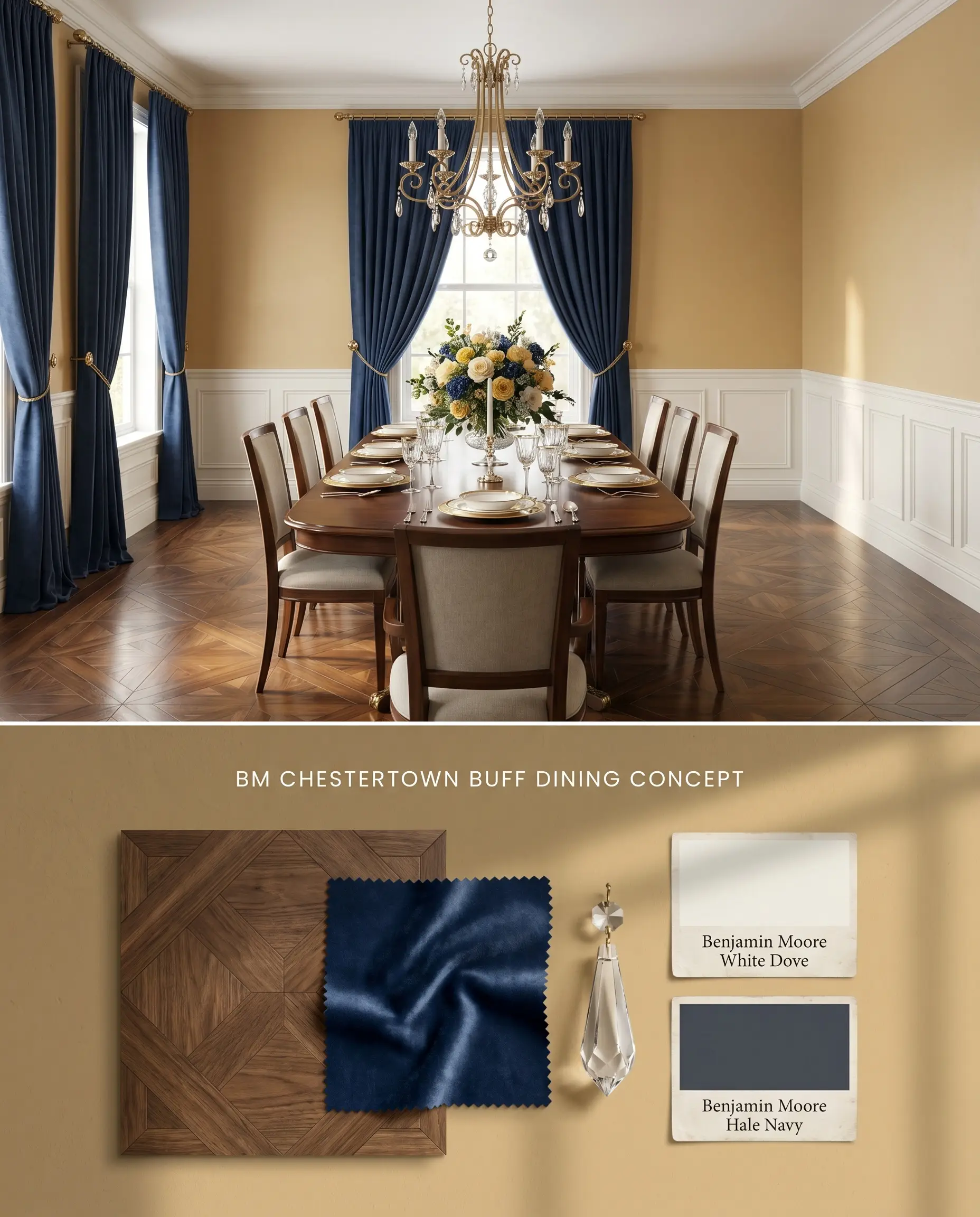 A split digital conceptual board for a formal dining room featuring upper walls painted in BM Chestertown Buff, with the bottom section showing walnut parquet and navy velvet swatches.