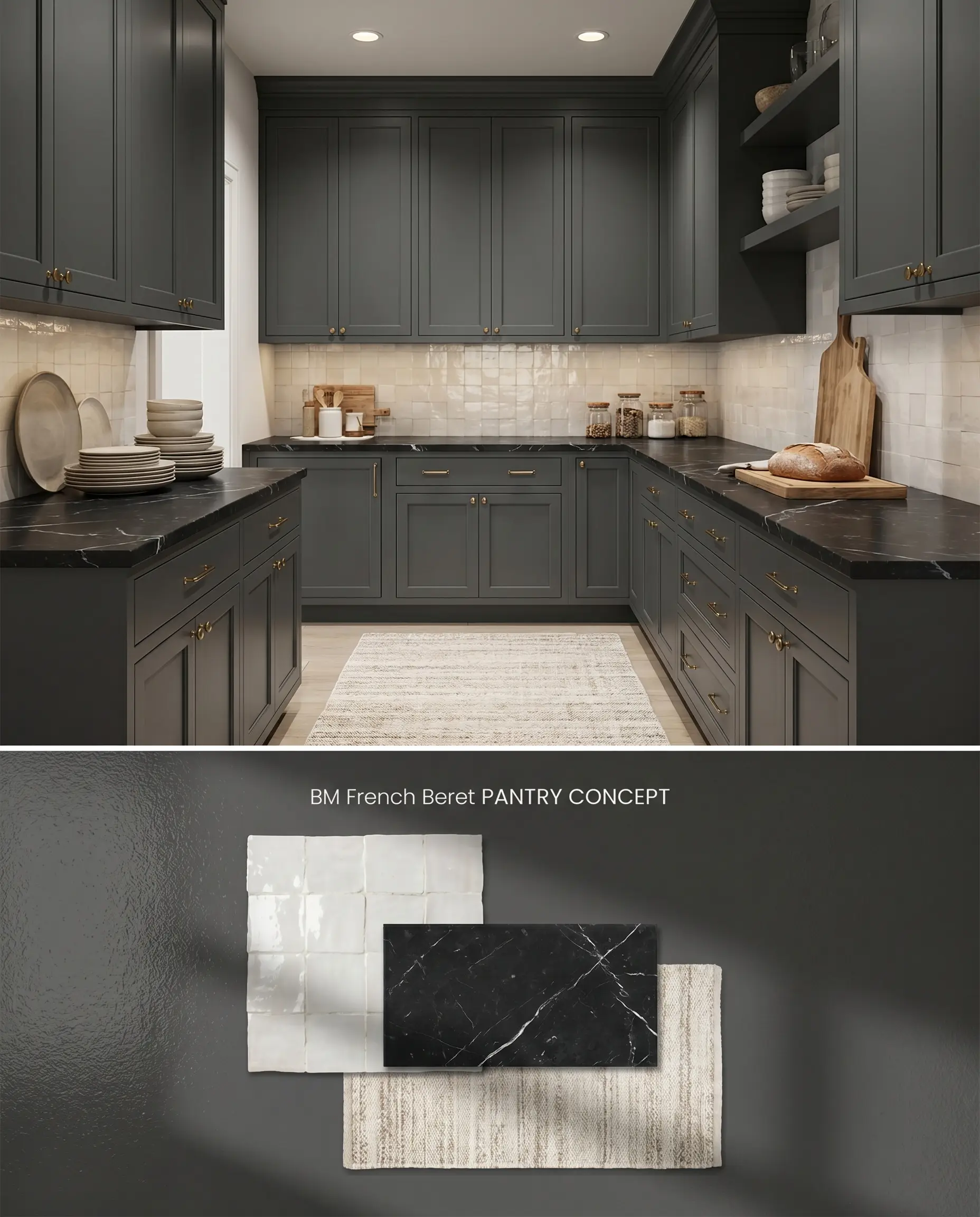A split digital conceptual board for a butler's pantry, highlighting French Beret floor-to-ceiling cabinetry on top and honed marble flat-lay textures below.