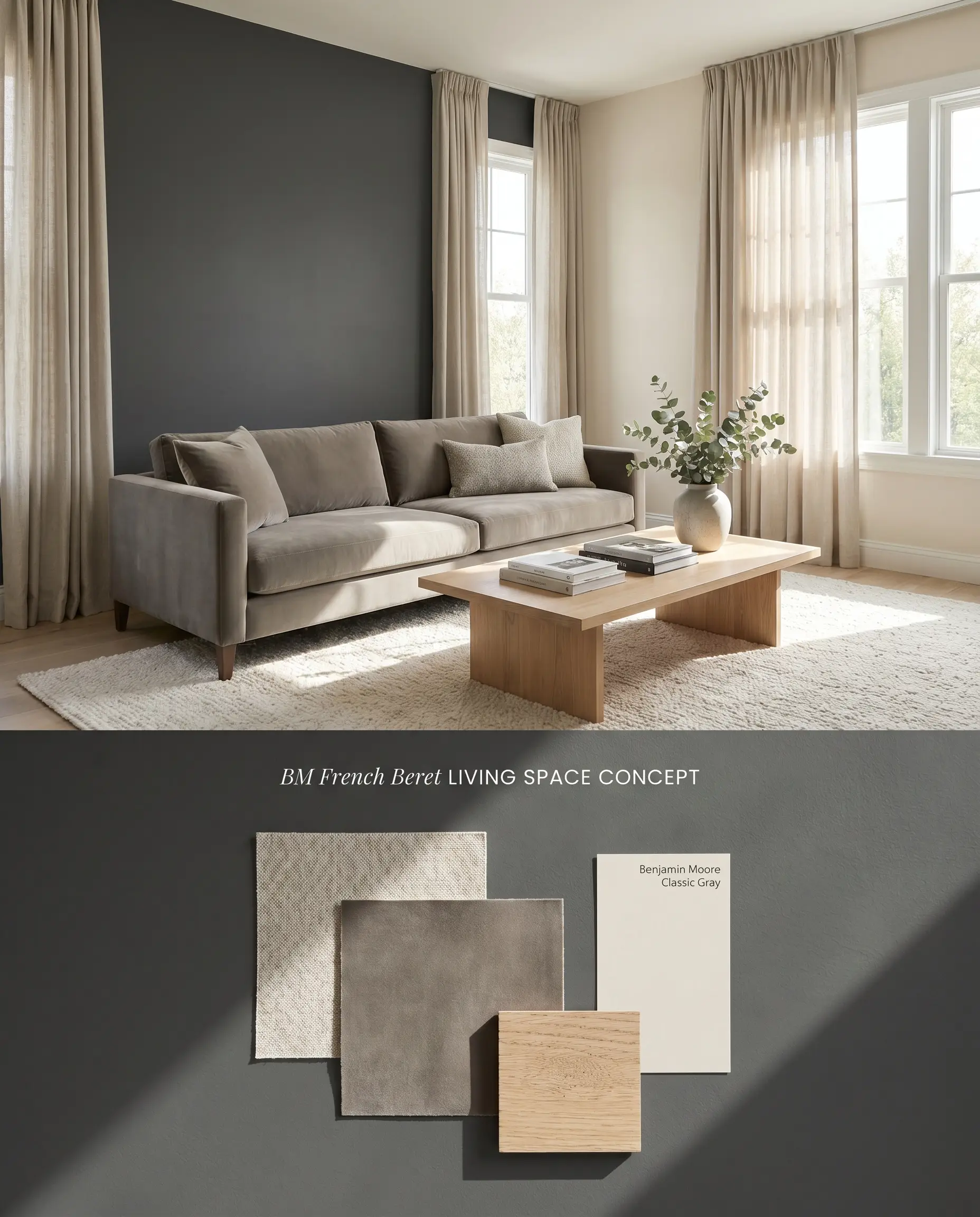 A split digital conceptual board for a transitional living space, featuring a Benjamin Moore French Beret accent wall above and textured upholstery swatches below.
